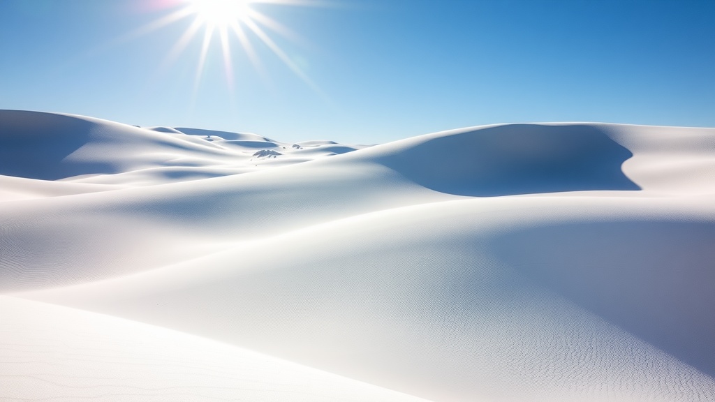 Vast white dunes under a clear blue sky with sunlight shining brightly.