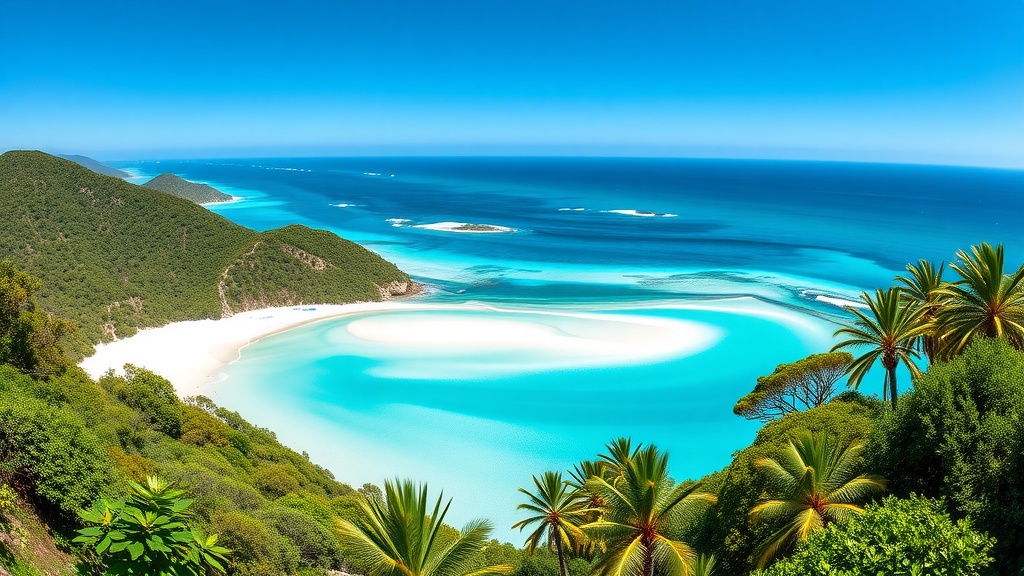 A beautiful view of Whitehaven Beach with white sand and turquoise waters surrounded by green hills.