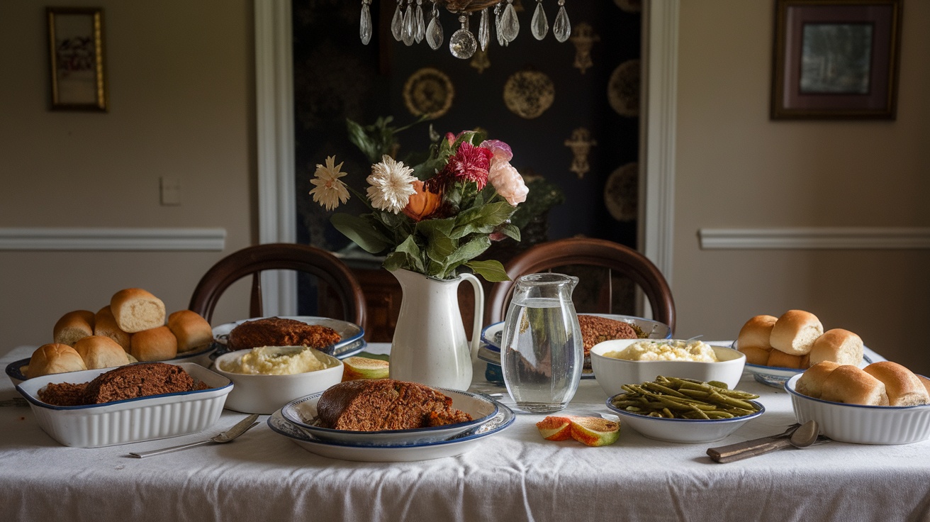 Table set with comfort food including meatloaf, mashed potatoes, green beans, and rolls.