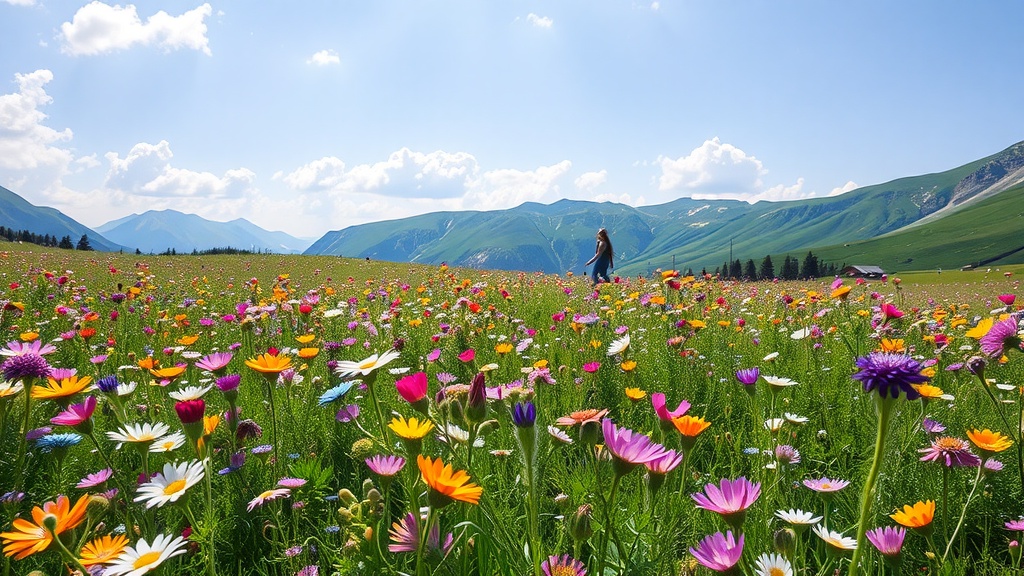 A person walking through a colorful wildflower field in the Alps under a blue sky.