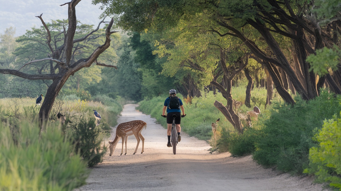 A cyclist riding on a trail with deer and birds nearby.