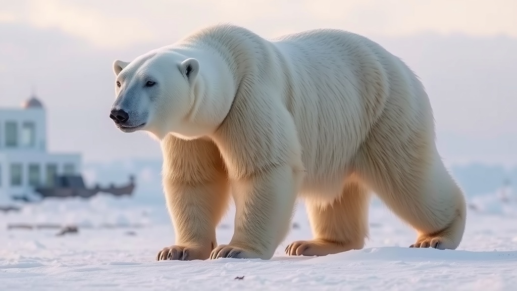 A polar bear standing on snow with a modern ice structure in the background.