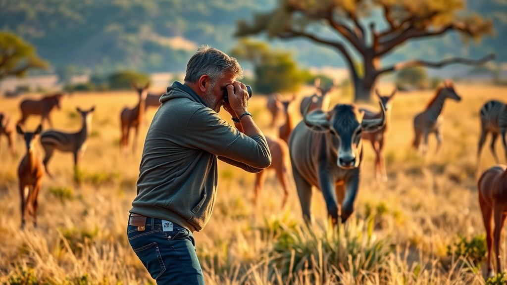 A photographer capturing wildlife in a national park, with an antelope nearby and scenic mountains in the background.