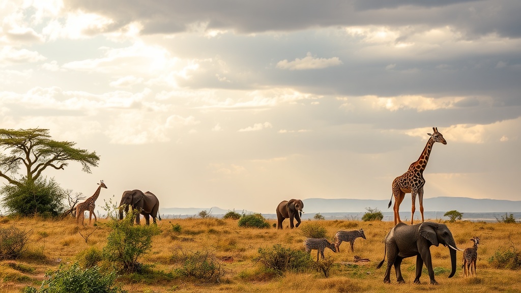 Wildlife safari in Kenya featuring elephants, giraffes, and zebras in a scenic landscape.