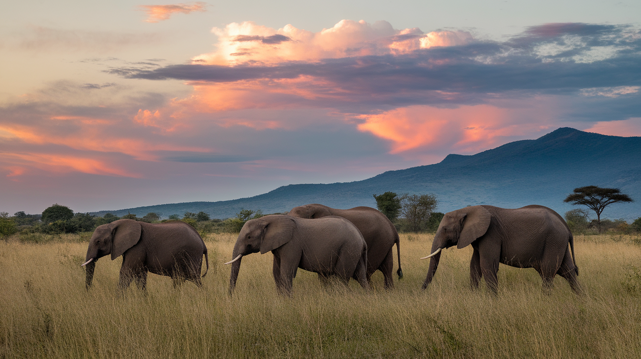 A group of elephants walking in a grassy field with a colorful sunset in the background.