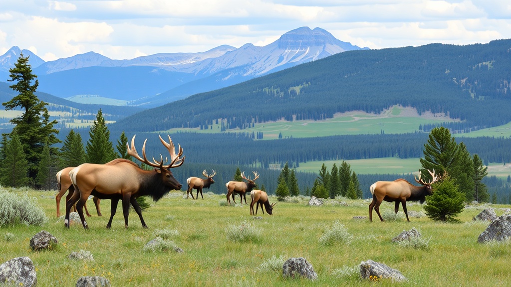 Elk grazing in a lush green meadow with mountains in the background.