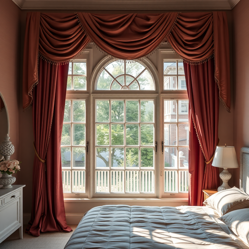 Luxurious red window treatments in a bedroom with a view