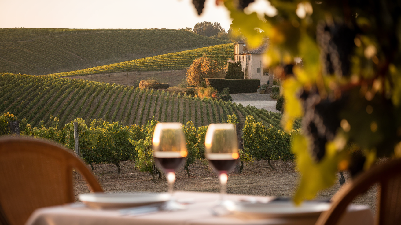 A couple toasting with glasses of wine at a table in a vineyard, surrounded by green hills and grapevines.