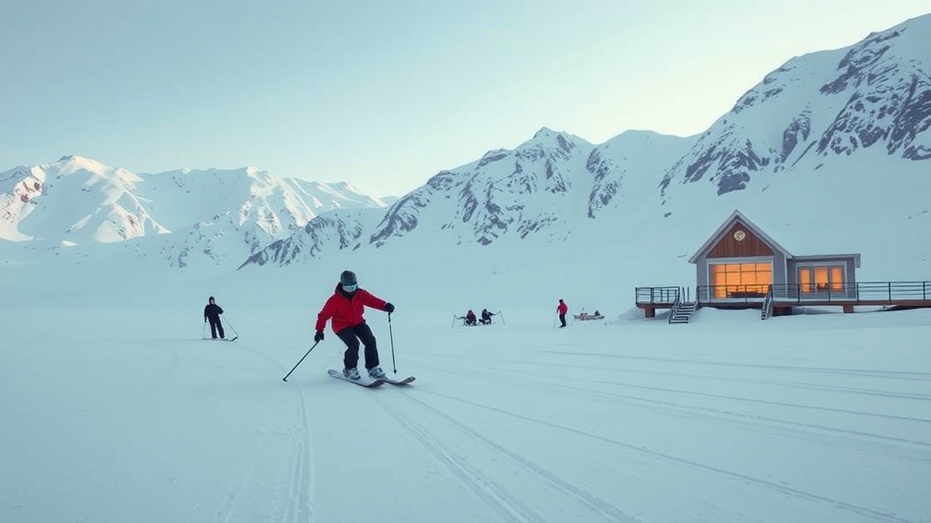 Two people skiing in a snowy Arctic landscape with mountains in the background.