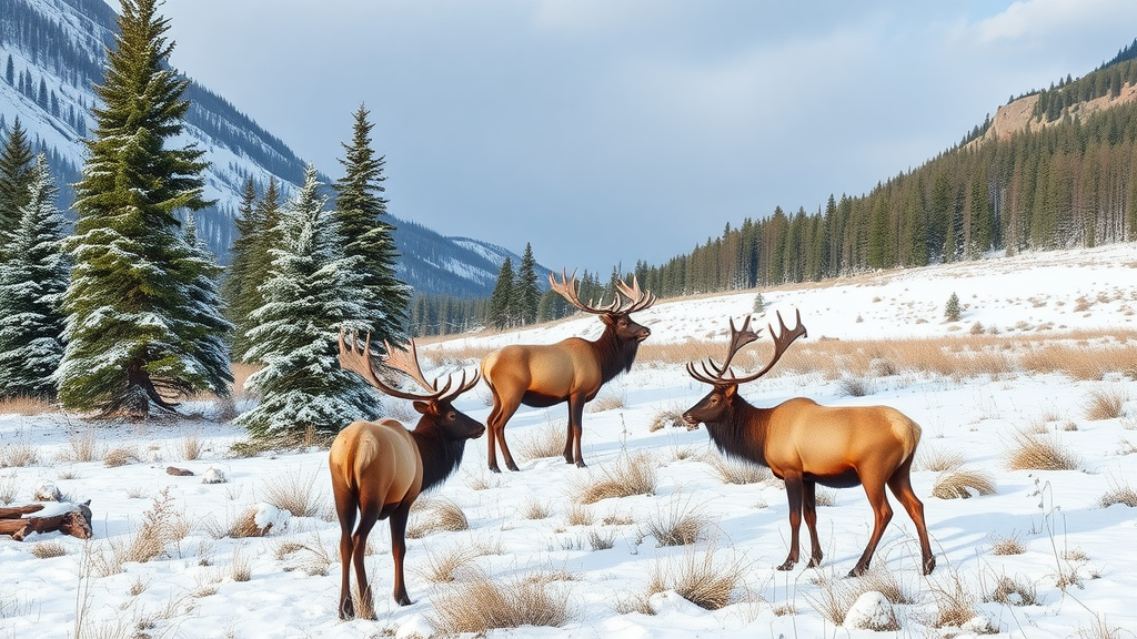 Three elk standing in a snowy landscape with pine trees and mountains in the background.