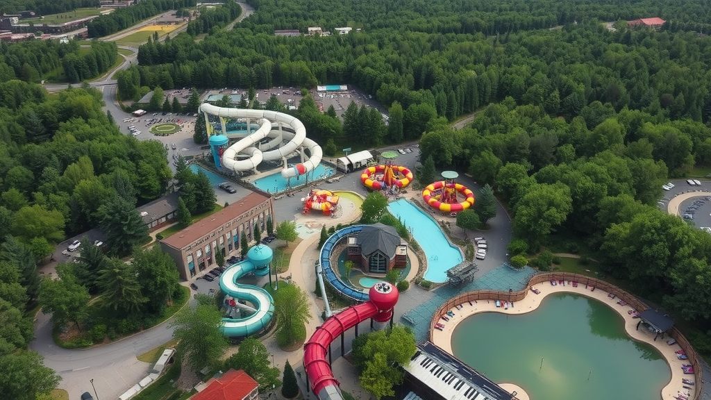 Aerial view of water parks and recreational areas in Wisconsin Dells surrounded by lush green trees.