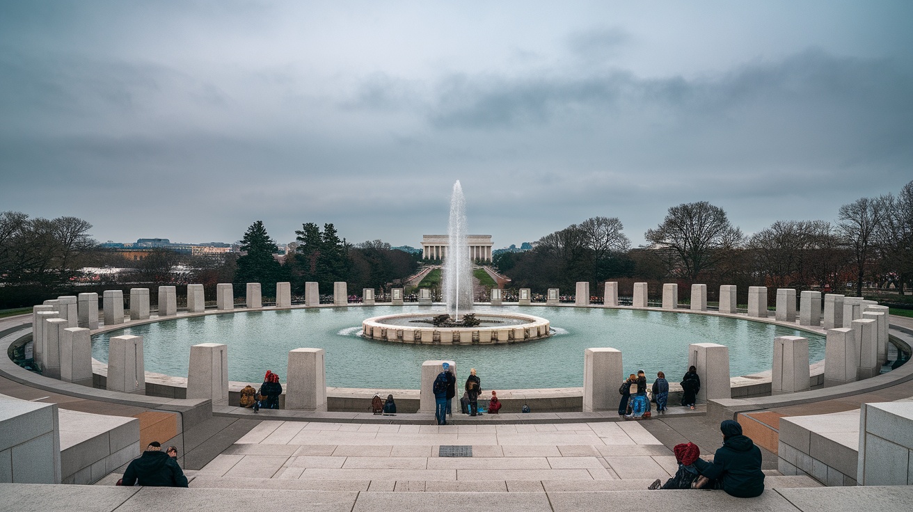 View of the World War II Memorial fountain with stone pillars and the Lincoln Memorial in the background.