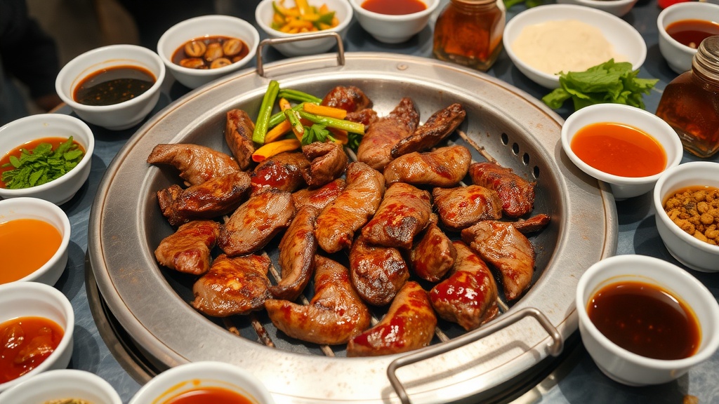 A table set for yakiniku with grilled meats and various dipping sauces.