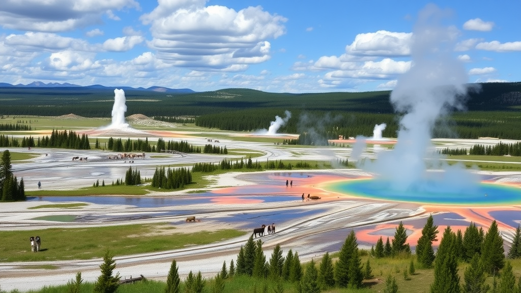 A scenic view of Yellowstone National Park featuring geysers and colorful hot springs.