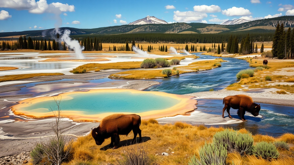 A scenic view of Yellowstone National Park featuring bison, colorful hot springs, and mountains.