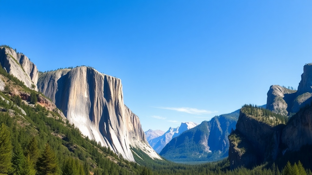 Stunning view of Yosemite Valley's majestic peaks under a clear blue sky.