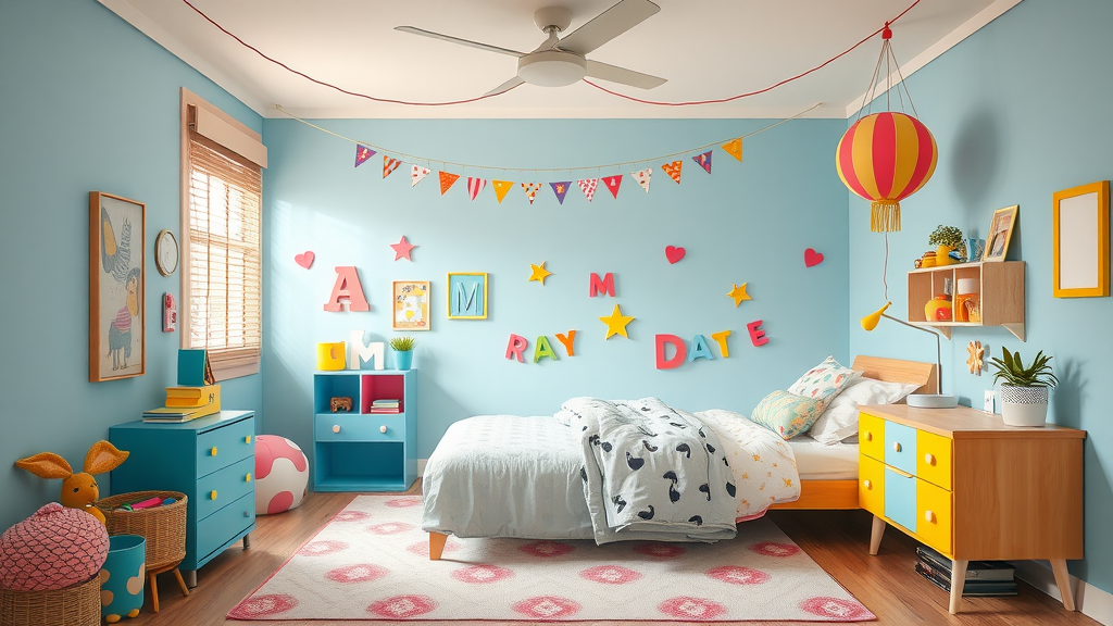 A colorful and playful bedroom design with blue walls, vibrant decorations, and cheerful accessories.