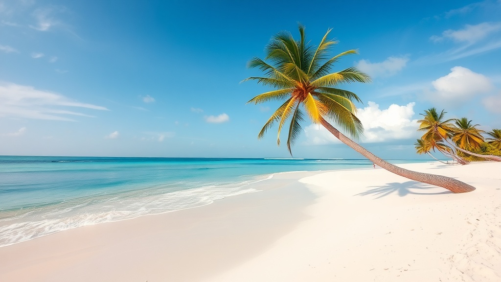 A picturesque beach in Zanzibar with palm trees and clear blue waters.