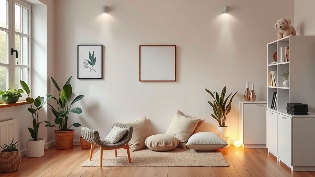 A serene meditation space with cushions, plants, and soft lighting in a home office.