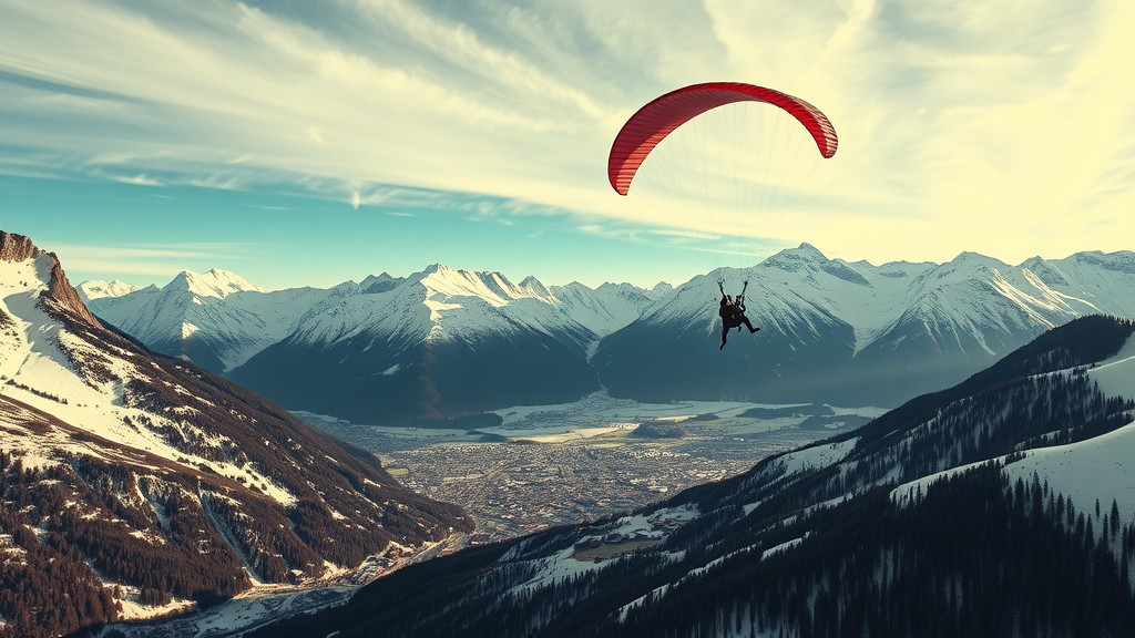 A person paragliding over snow-capped mountains and a valley.