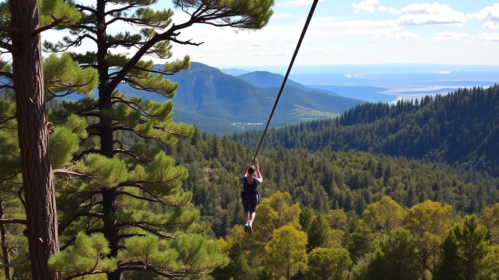 Person ziplining with scenic mountain views in the background