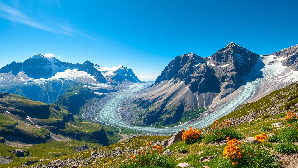 Scenic view of Écrins National Park with mountains, glaciers, and wildflowers