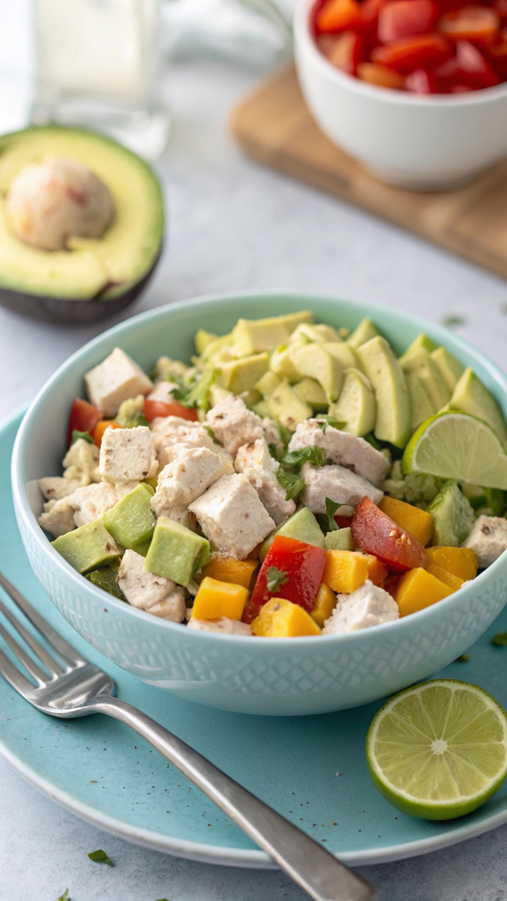 A colorful bowl of creamy avocado and chicken salad with diced vegetables and lime slices.