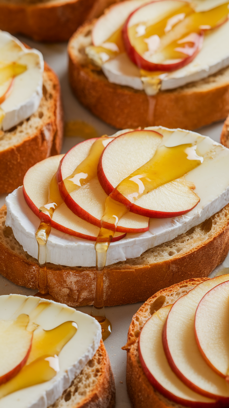 Close-up of crostini topped with Brie cheese, apple slices, and honey drizzle.