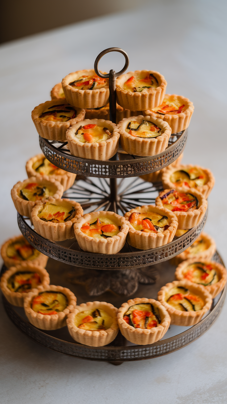 A tiered stand filled with mini quiches, showcasing various vegetables and a golden crust.