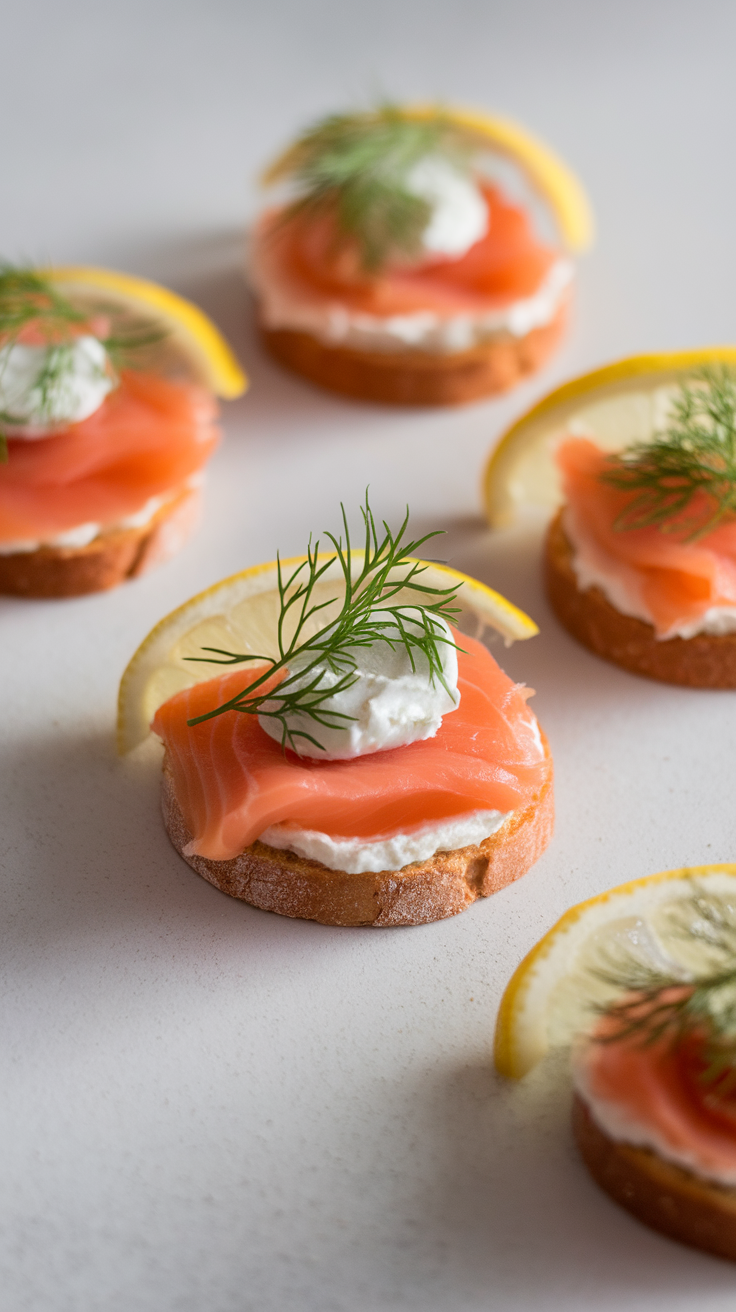 Smoked salmon canapés with cream cheese, dill, and lemon slices on a white surface.