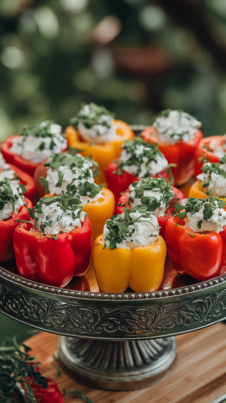 A platter of colorful stuffed mini peppers with a creamy filling and fresh herbs on top.