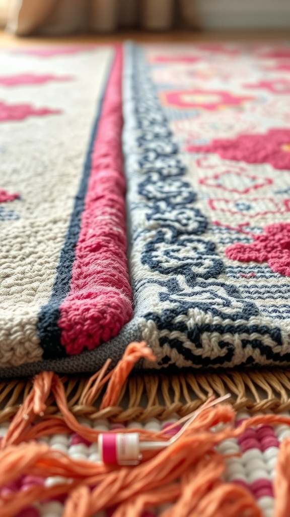 Detail of layered rugs with vibrant colors