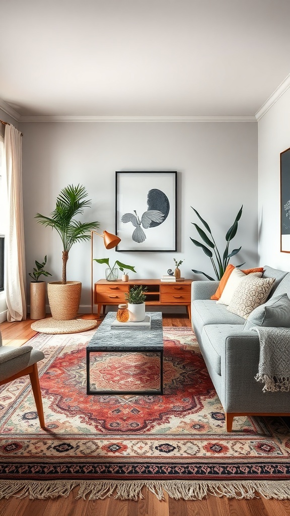 A cozy living room featuring layered rugs, a modern couch, and decorative accents.