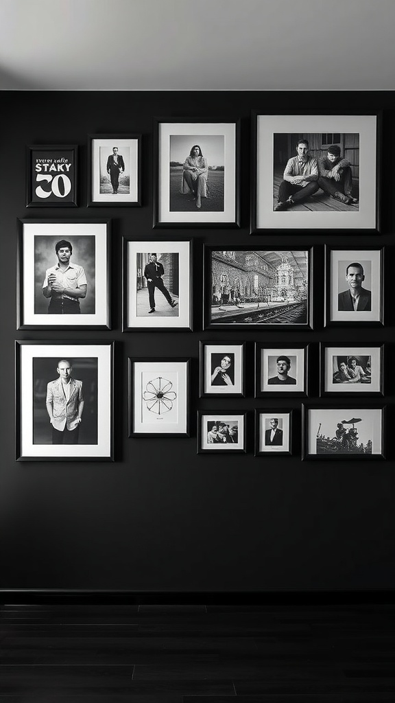 A gallery wall featuring framed black and white photos on a matte black background.