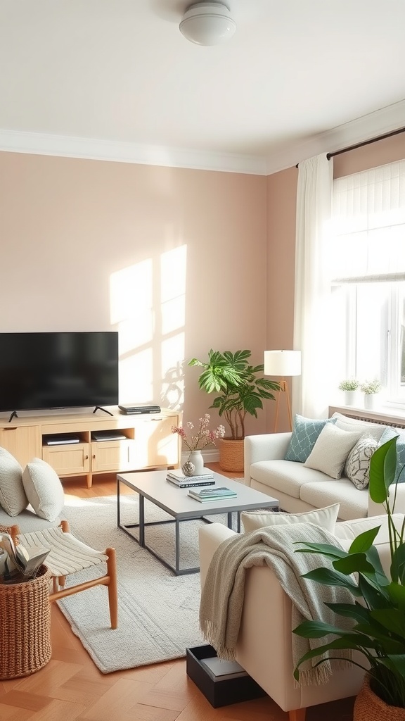 A cozy Scandinavian living room with an accent wall, featuring light pink paint, plants, and comfortable furniture.