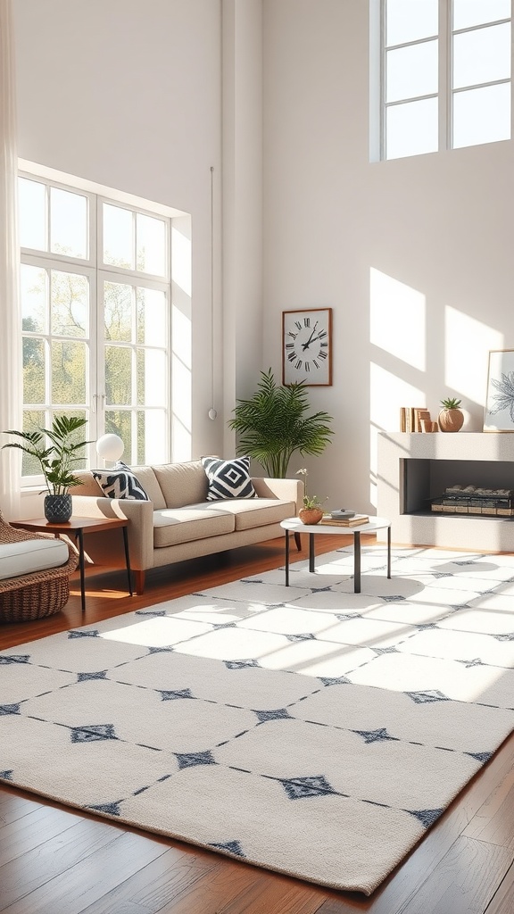 A bright room featuring a white rug with black geometric patterns on a wooden floor.
