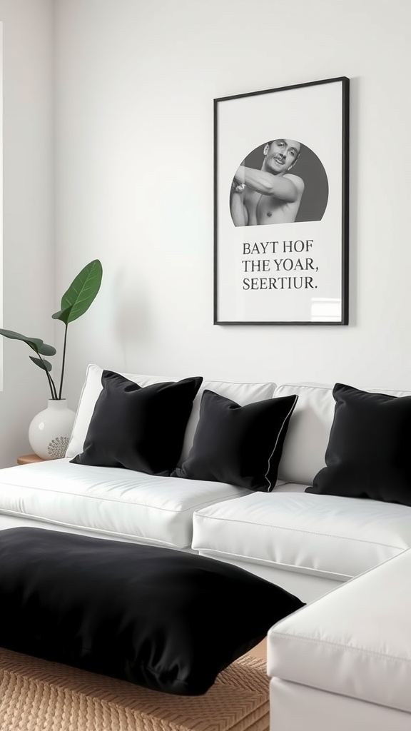 A stylish white sofa adorned with black throw pillows, showcasing a cozy and modern living room decor.