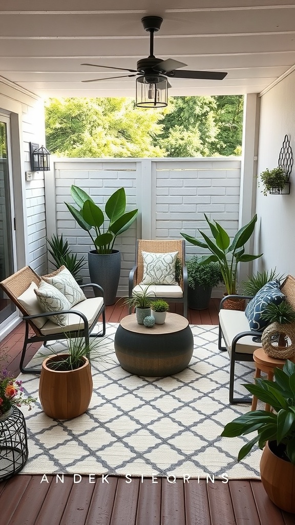 Cozy outdoor space featuring a white rug with black geometric patterns, surrounded by plants and comfortable seating.