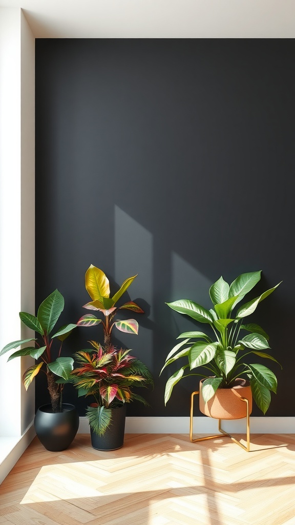 A corner with a matte black wall featuring three vibrant potted plants.