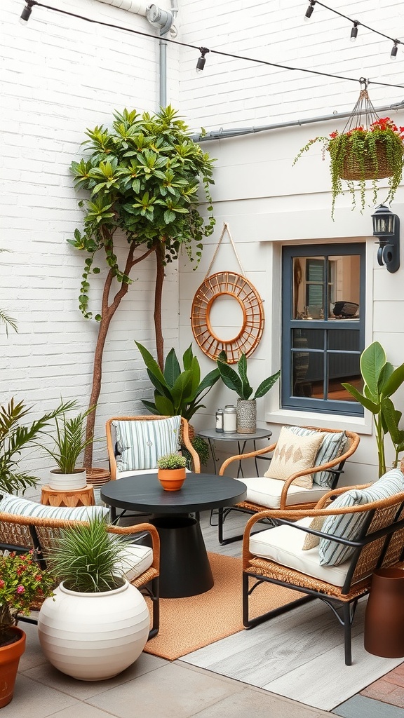 A cozy outdoor space with plants, stylish chairs, and a small table.
