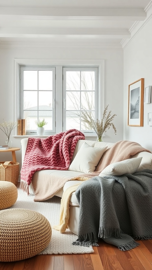Cozy Scandinavian living room with colorful blankets and natural textures