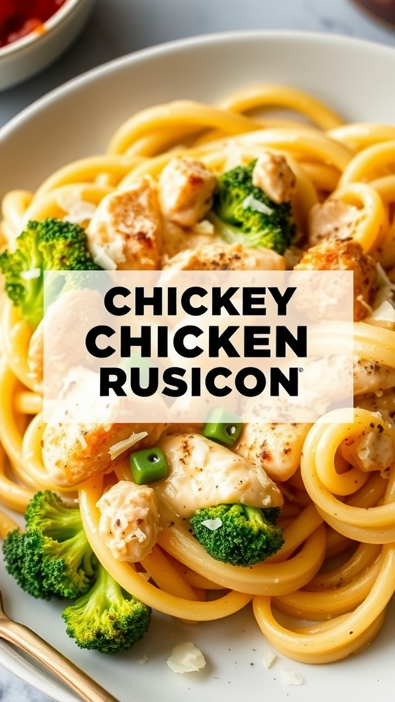 A delicious plate of Alfredo Chicken and Broccoli Pasta.