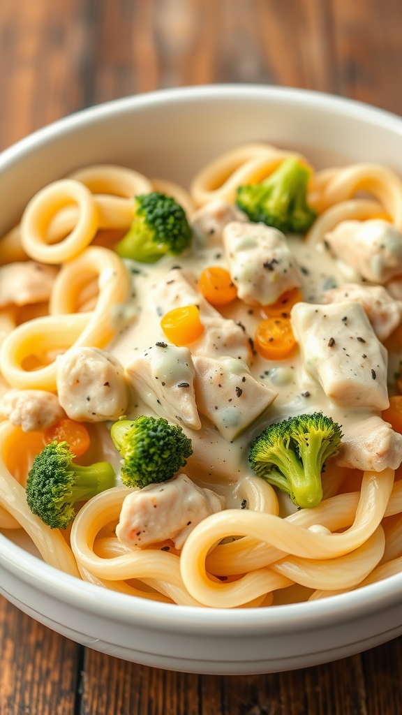 A bowl of creamy Alfredo chicken and broccoli pasta with fettuccine noodles.
