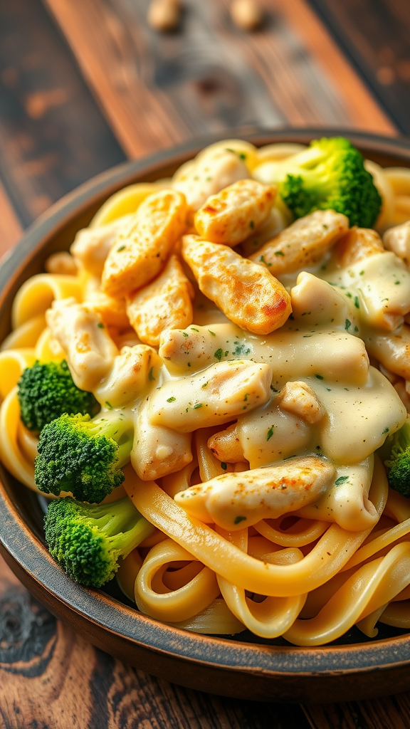 A creamy Alfredo chicken and broccoli rotini pasta dish served in a bowl.