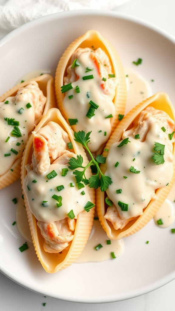 A plate of Alfredo chicken shells topped with sauce and herbs