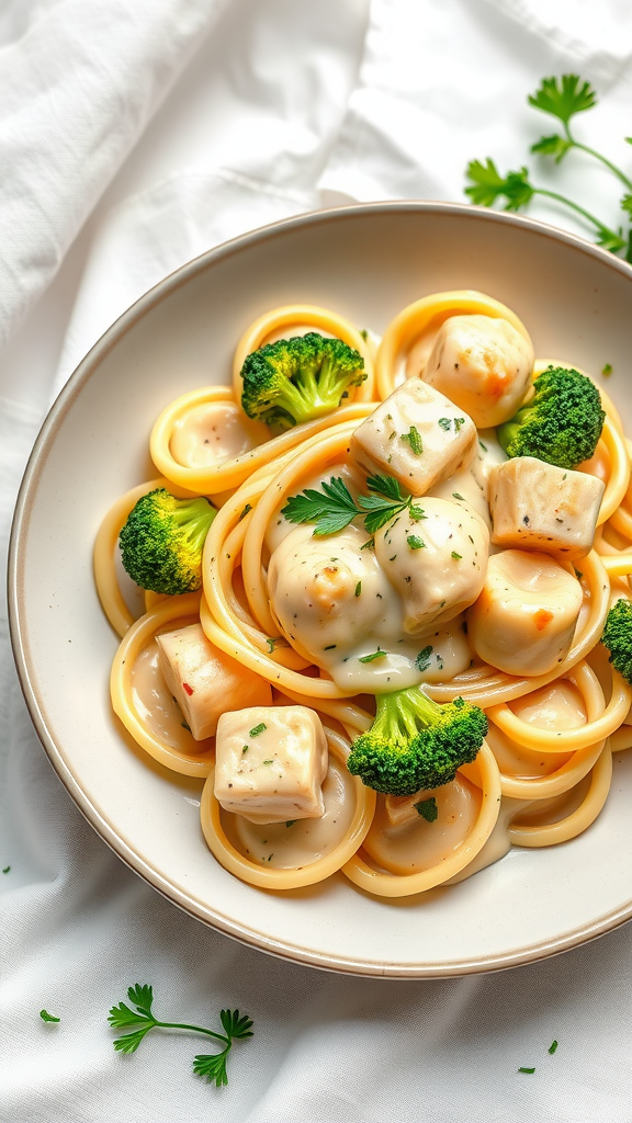 A bowl of creamy Alfredo Chicken Tortellini with broccoli, garnished with parsley.