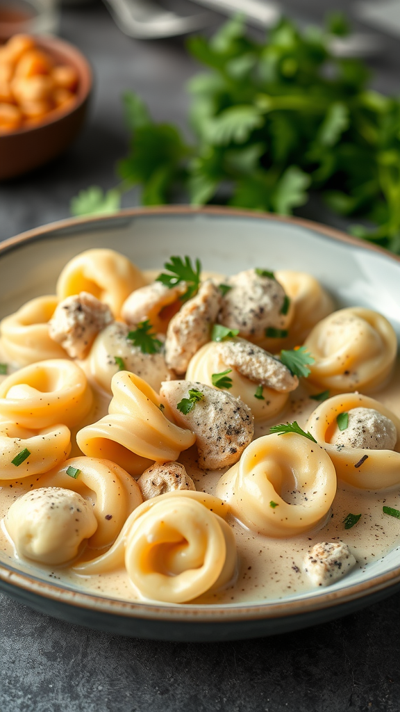 A close-up of Alfredo tortellini with chicken, garnished with herbs, in a bowl.