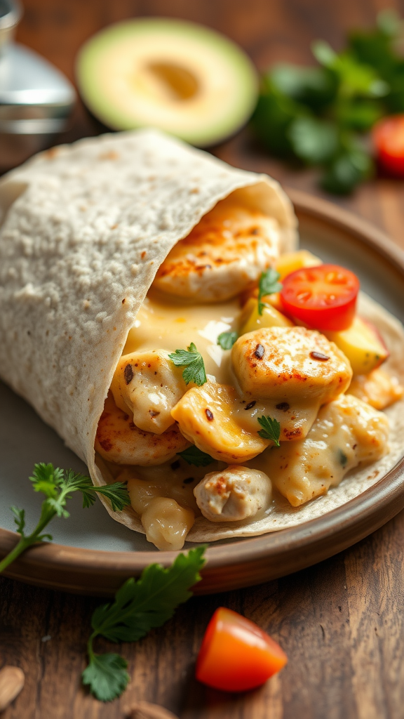 Almond flour wrap filled with chicken, cheese, and fresh vegetables.