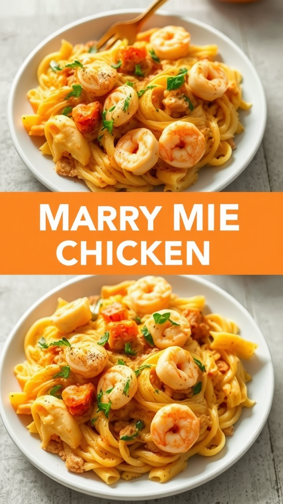A plate of Marry Me Chicken Pasta with shrimp and a creamy sauce.