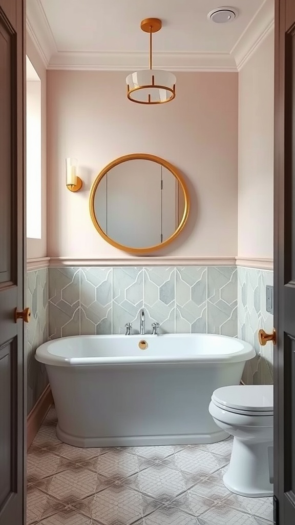 A vintage-inspired bathroom featuring Art Deco elements, including a white bathtub, gold fixtures, and patterned tiles.
